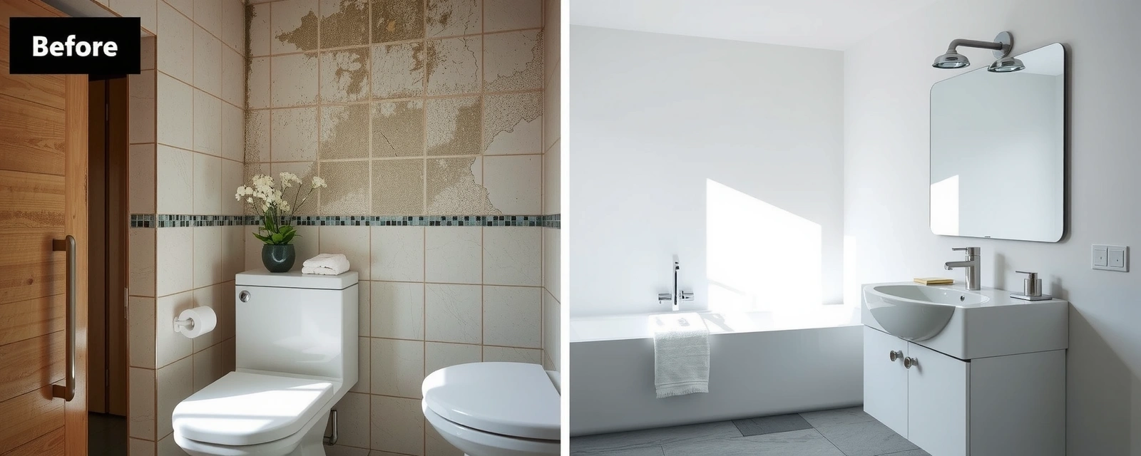 Bathroom before cleaning - stained tiles, moldy grout, dirty fixtures
