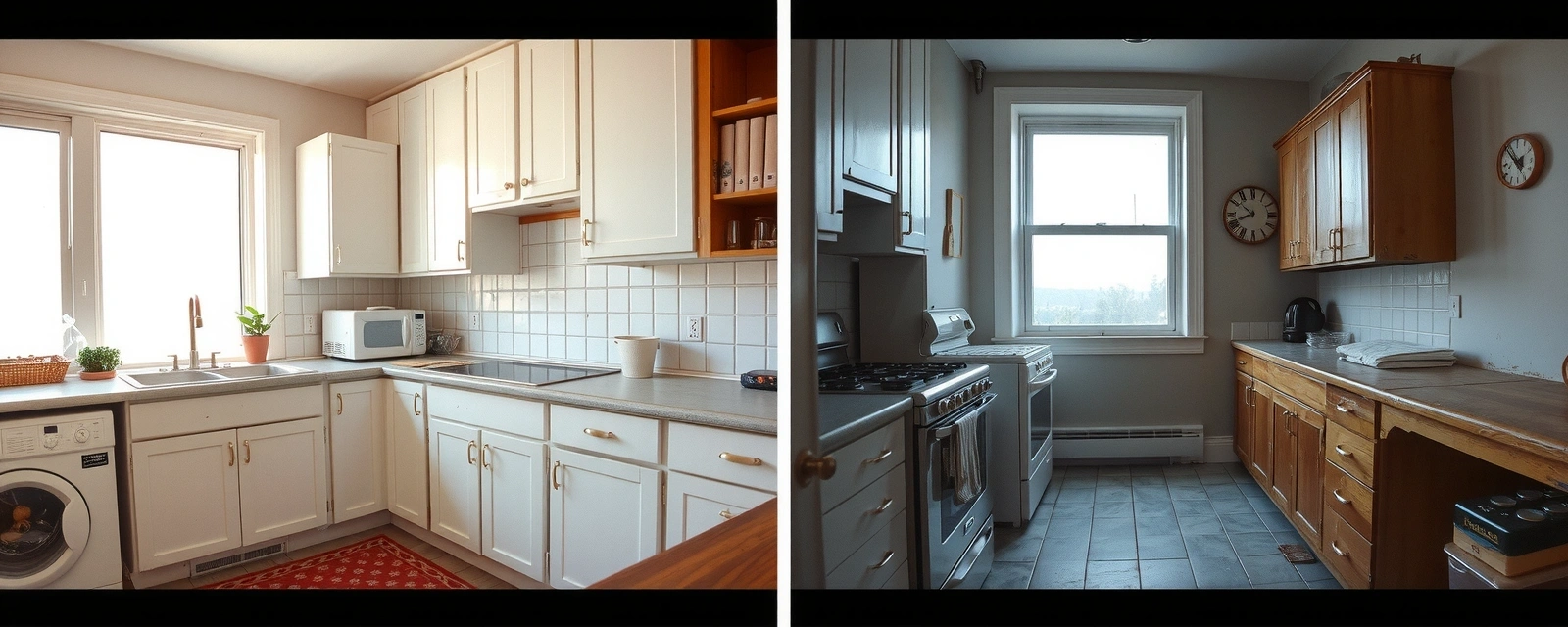 Kitchen before deep cleaning - heavily stained surfaces, cluttered cabinets, and grease buildup